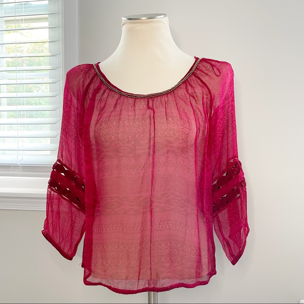 Lucky Brand Red Sheer Boho Peasant Top